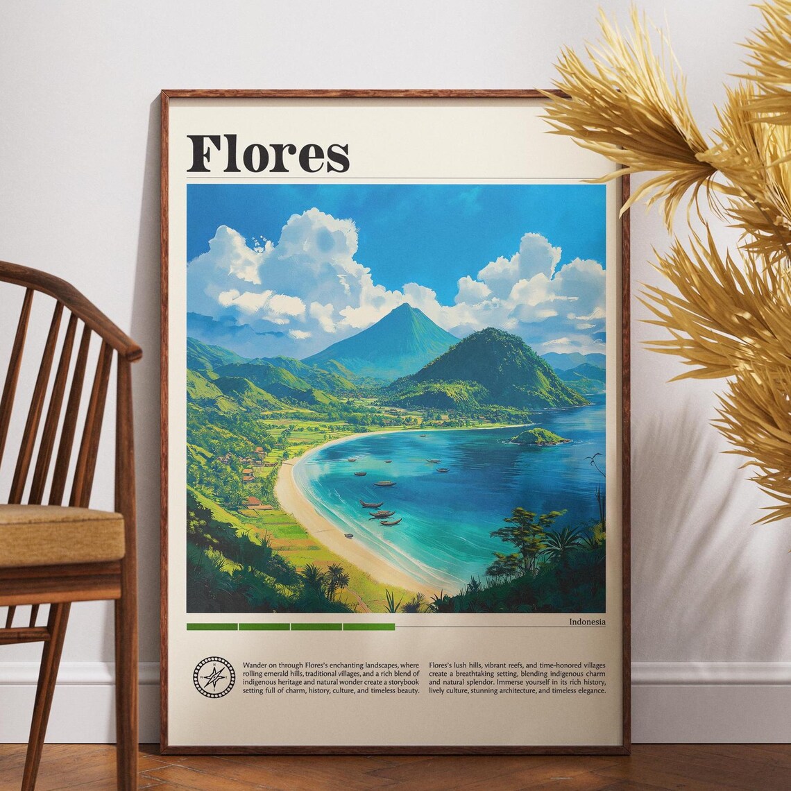 Flores Indonesia Island Coast Bay Volcano Boats Travel Poster