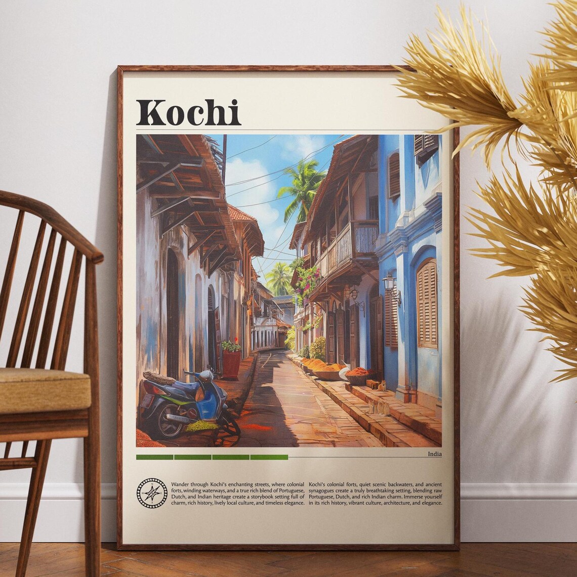 Kochi India Travel Poster Colonial Street Vintage Scooter Scene