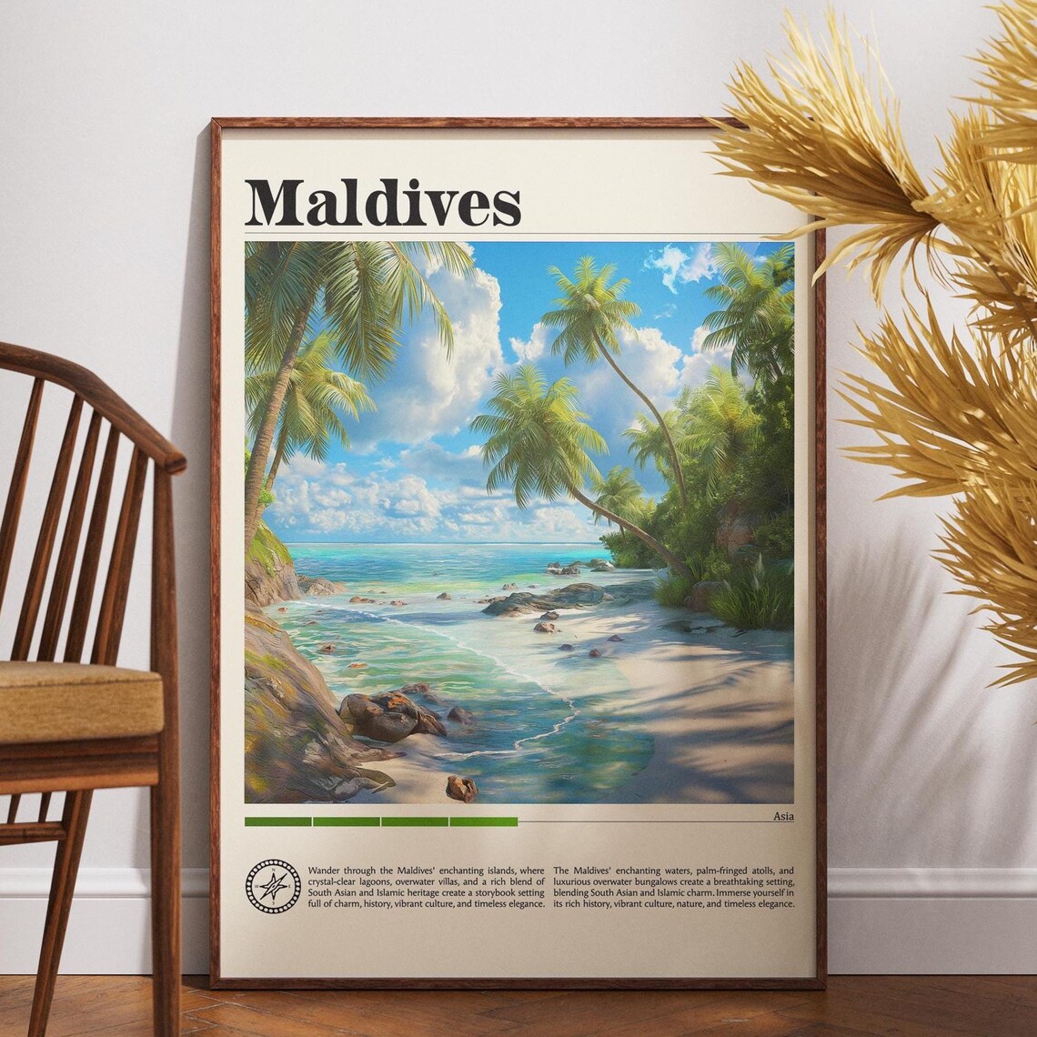 Maldives Tropical Beach Palm Trees Coral Vintage Asia Travel Poster