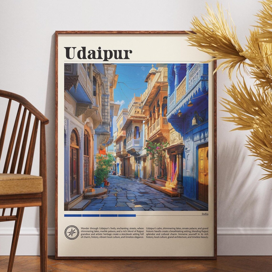 Udaipur India Blue Old Town Street Vintage Travel Poster Decor