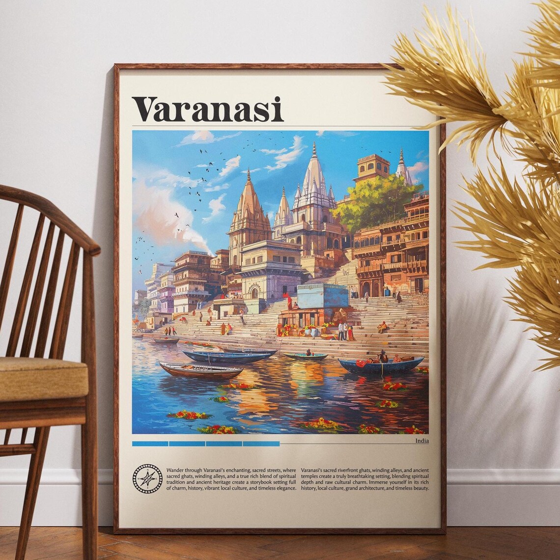Varanasi India Temple Steps River Boats Vintage Travel Poster