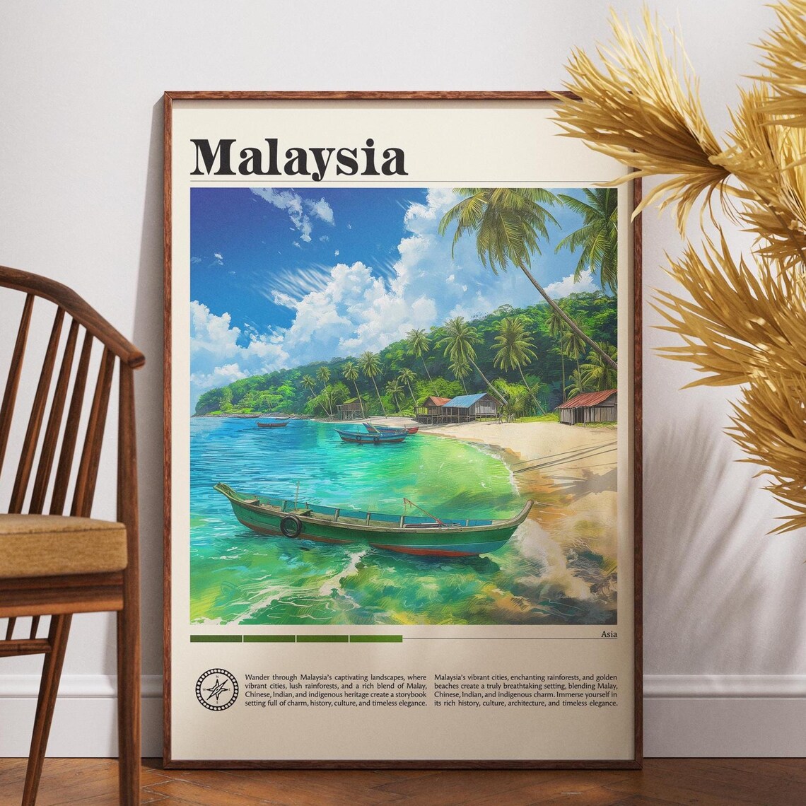 Malaysia Tropical Beach Fishing Boats Vintage Asia Travel Poster