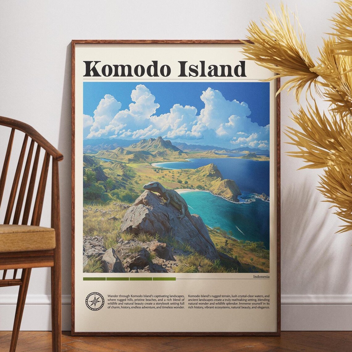Komodo Island Indonesia Rugged Green Hills Coastline Travel Poster