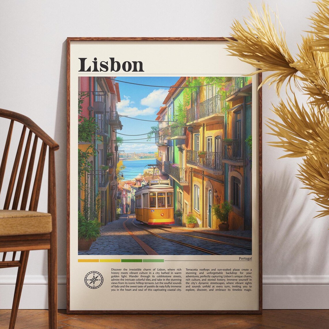 Lisbon Portugal Yellow Tram on Cobbled Street Vintage Travel Poster