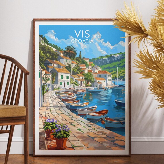 Vis Croatia Island Harbour Boats Stone Promenade Travel Art Poster