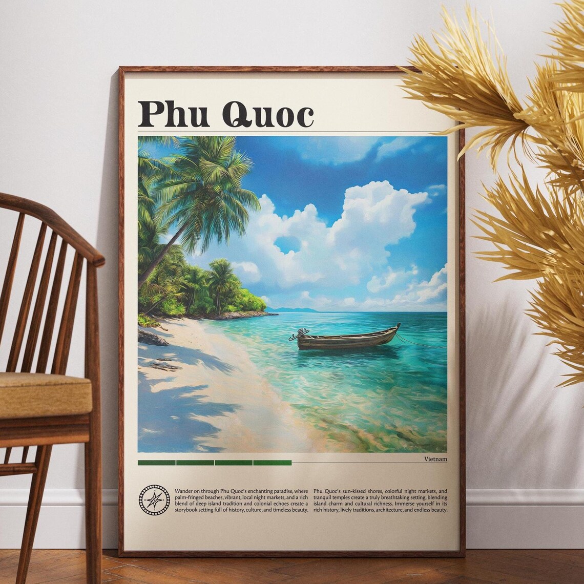 Phu Quoc Vietnam Island Beach Wooden Boat Vintage Travel Poster