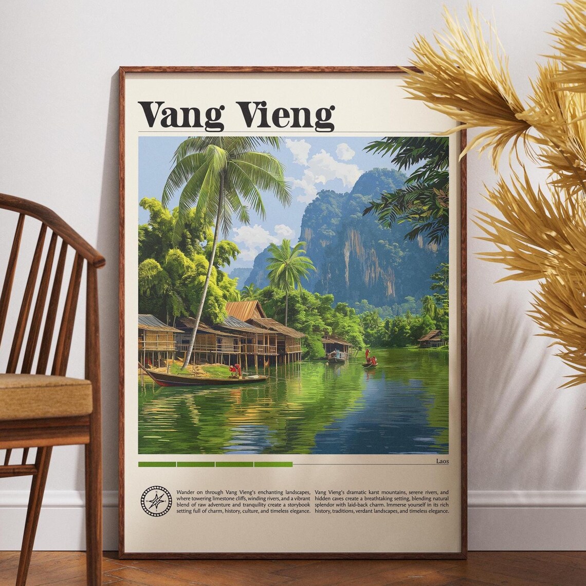 Vang Vieng River Boats Palm Trees Limestone Cliffs Laos Travel Poster