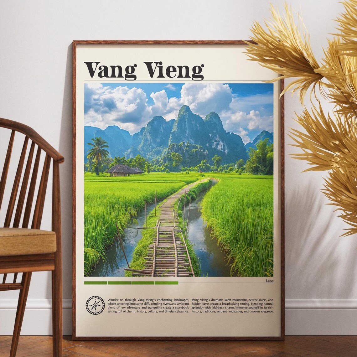 Vang Vieng Karst Mountains Rice Field Bamboo Bridge Laos Travel Poster