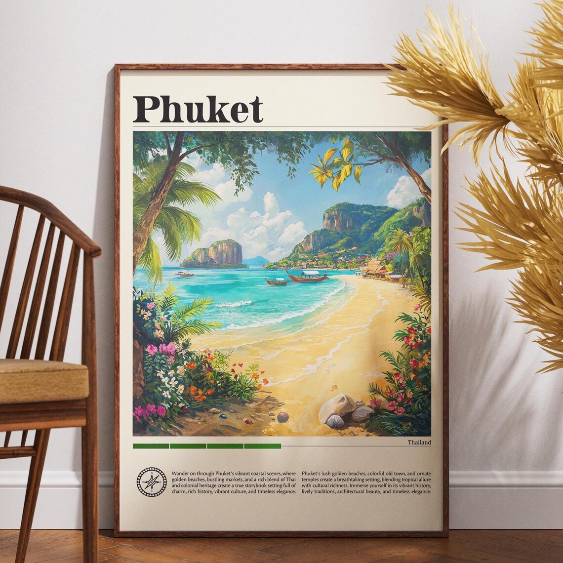 Phuket Thailand Travel Poster Golden Beach Palms Longtail Boats Art