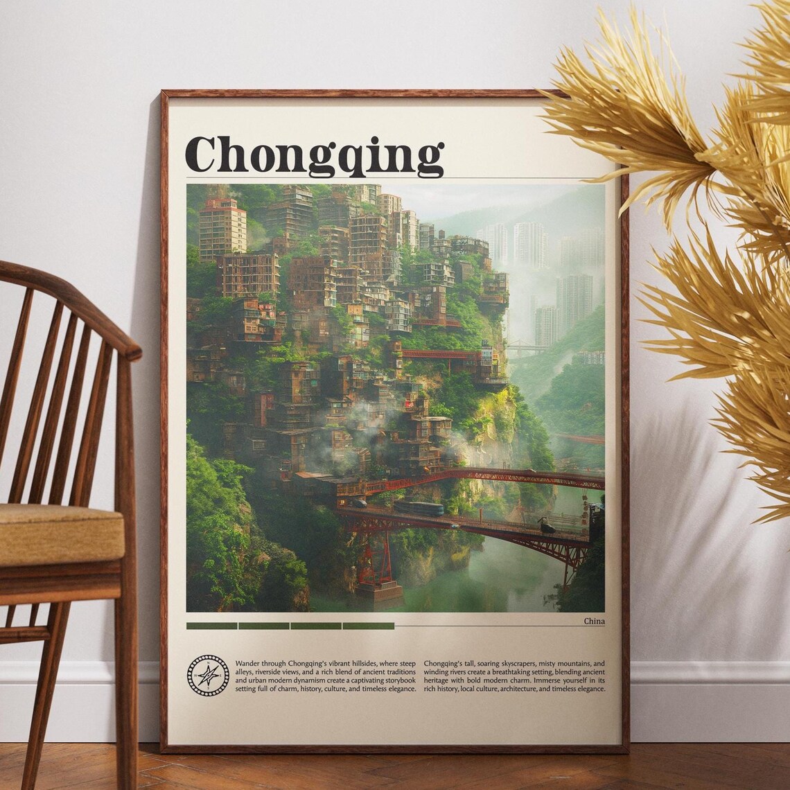 Chongqing China Hillside City Red Bridge River Travel Poster
