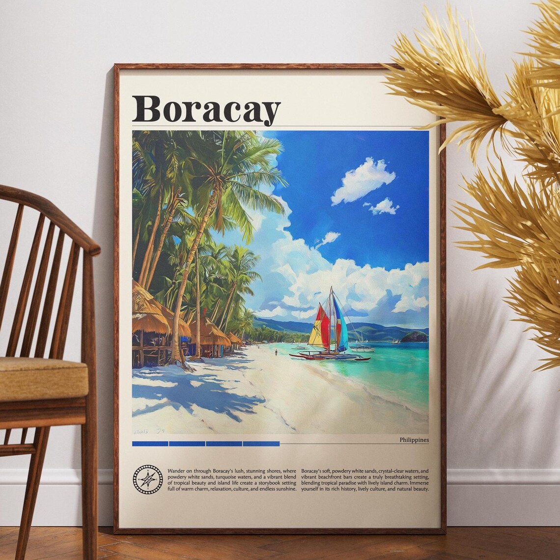 Boracay Philippines Palm Trees Sailboat Lagoon Vintage Travel Poster
