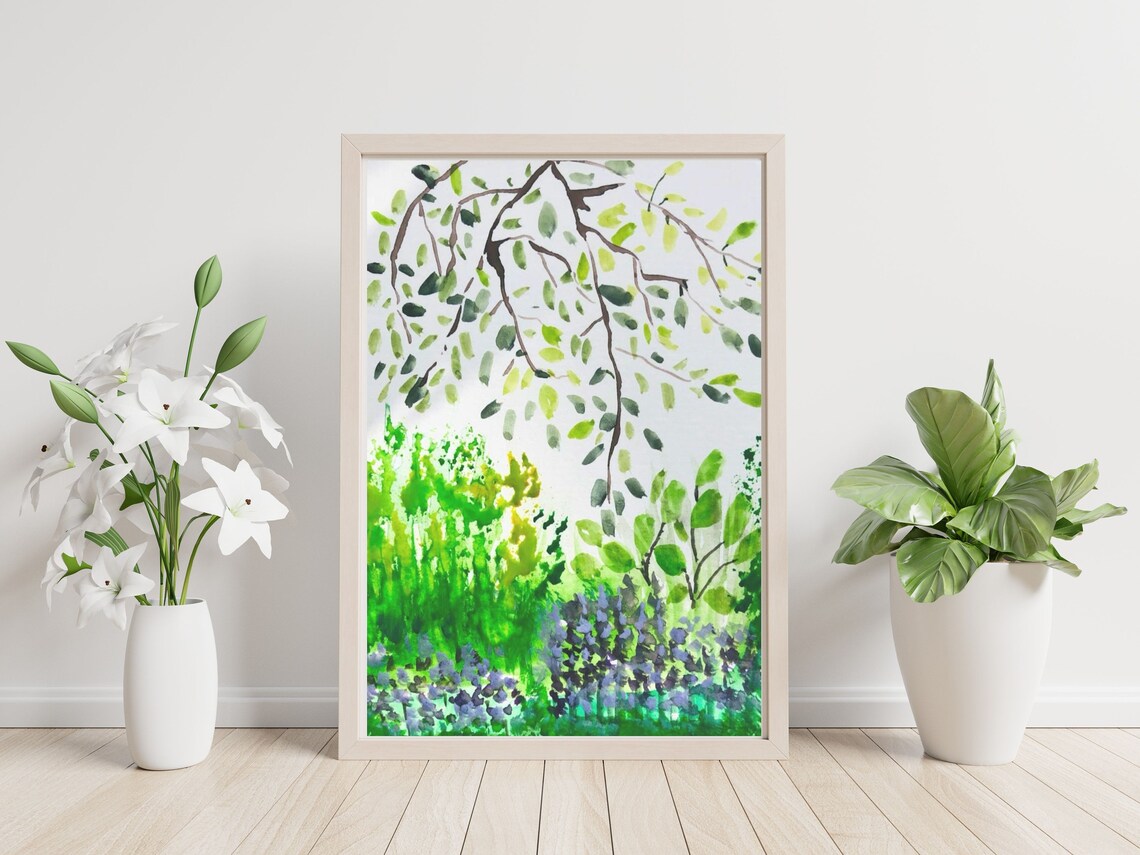 Lush Green Garden Watercolor Botanical Leaves Nature Art Poster