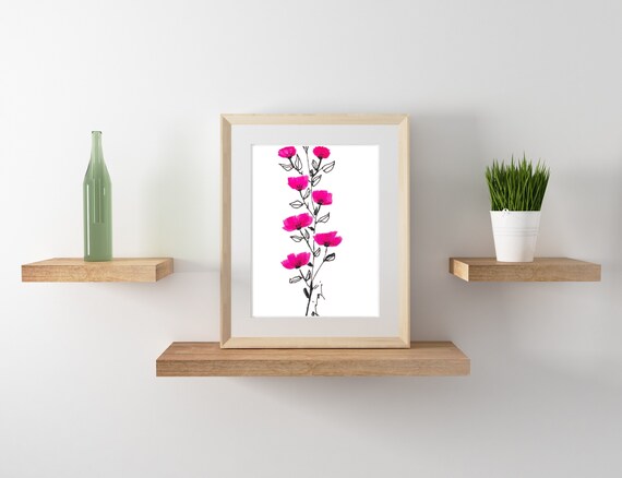 Tall Stem of Hot Pink Blossoms in Bold Ink Botanical Art Poster