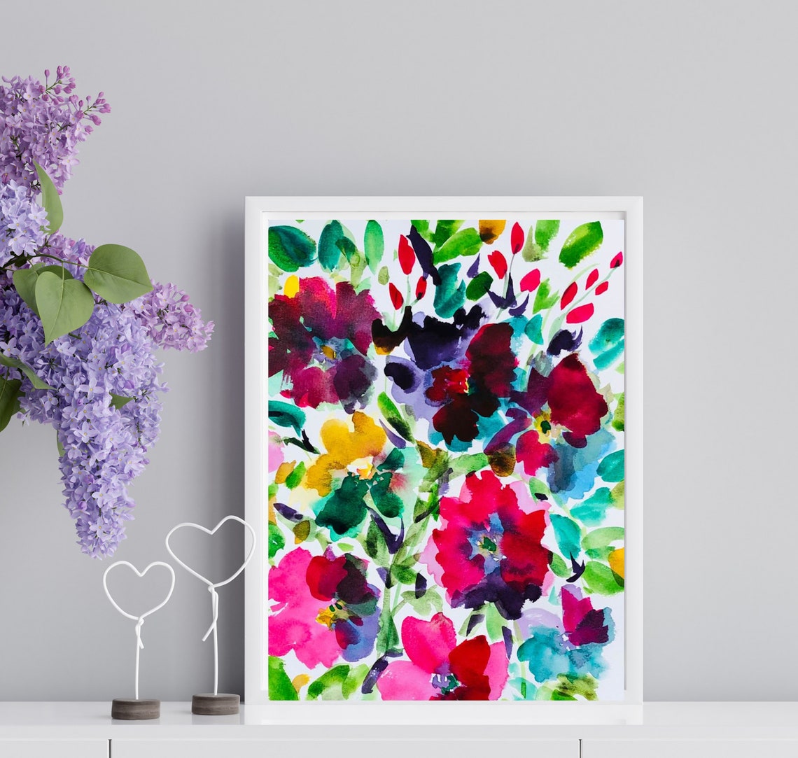 Rich Lush Dense Red Pink Floral Bouquet Watercolor Garden Poster