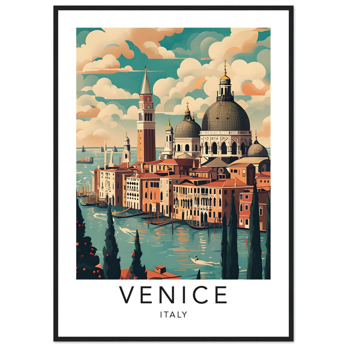Venice Italy Vintage Travel Poster St Marks Campanile Grand Canal Illustration