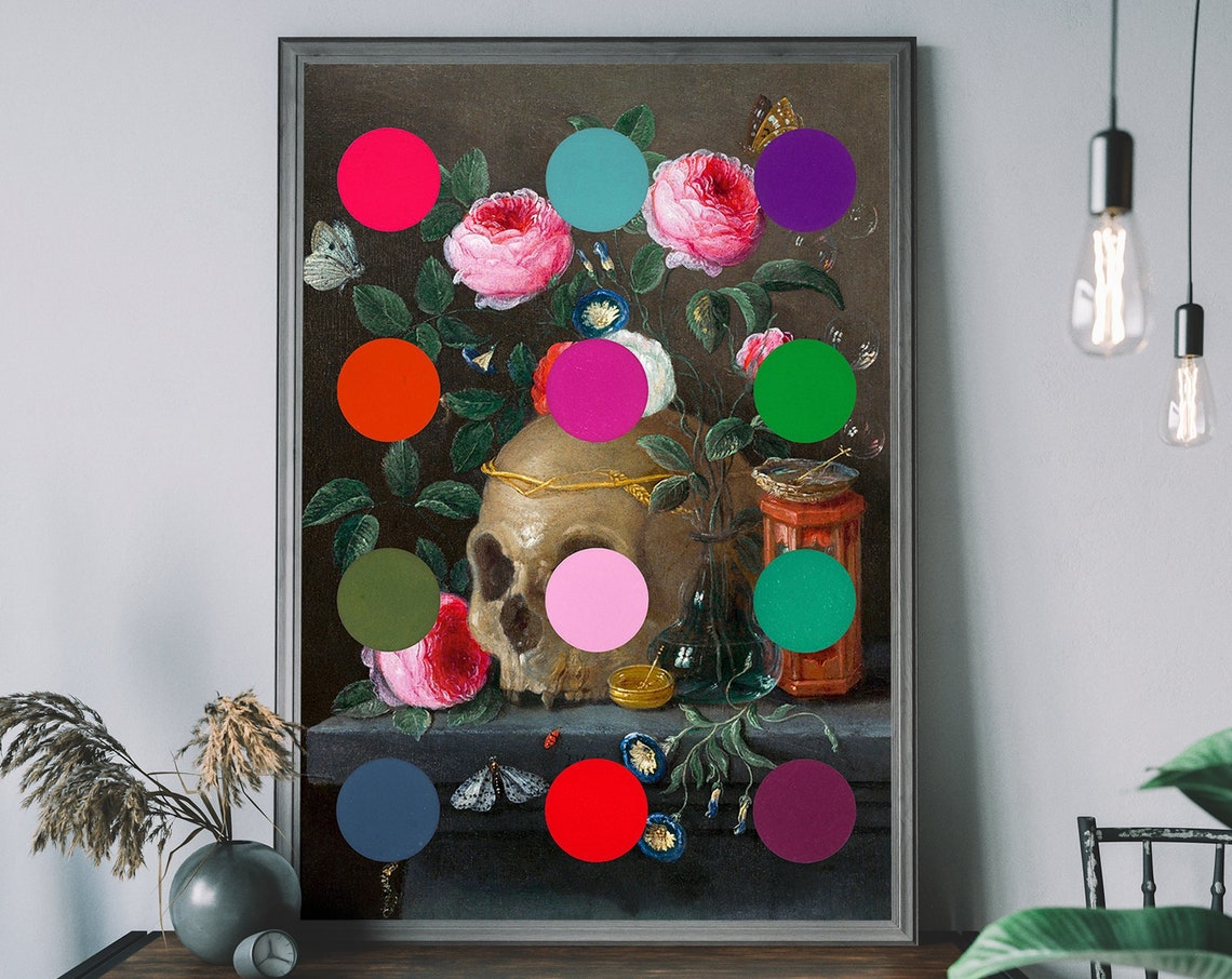 Renaissance Art Print Vintage Skull Painting Polka Dot Wall Historic Botanical Decor
