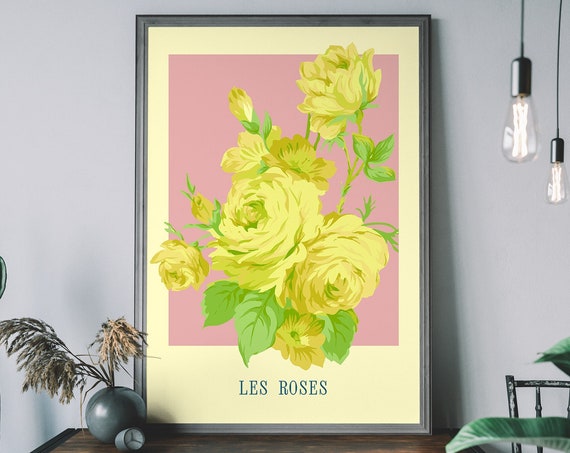Rose Wall Art Illustration On Pastel Pink Background Botanical Floral Poster