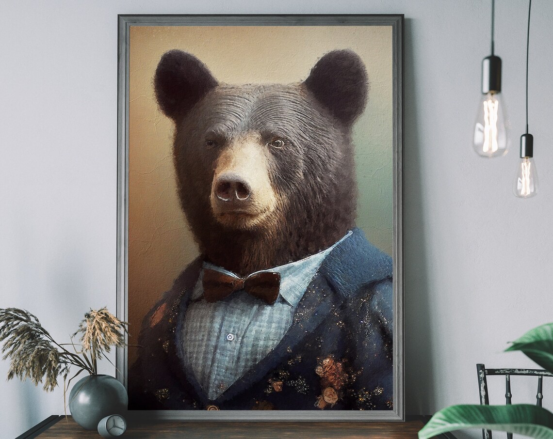 Black Bear Vintage Portrait Art Print, Altered Art