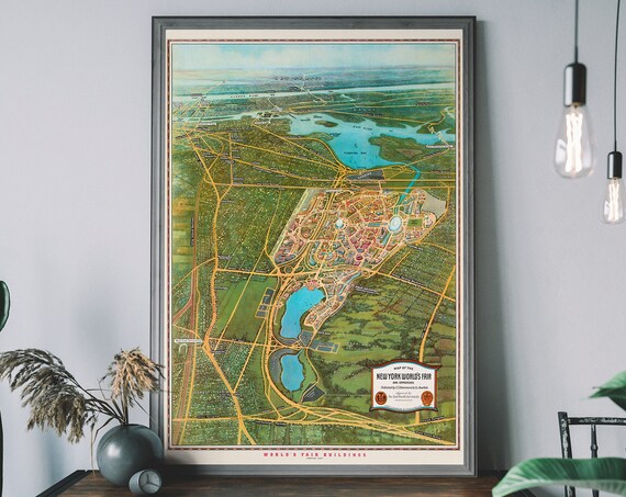 Vintage New York Worlds Fair Map Nyc Antique Travel Poster Retro Home Decor
