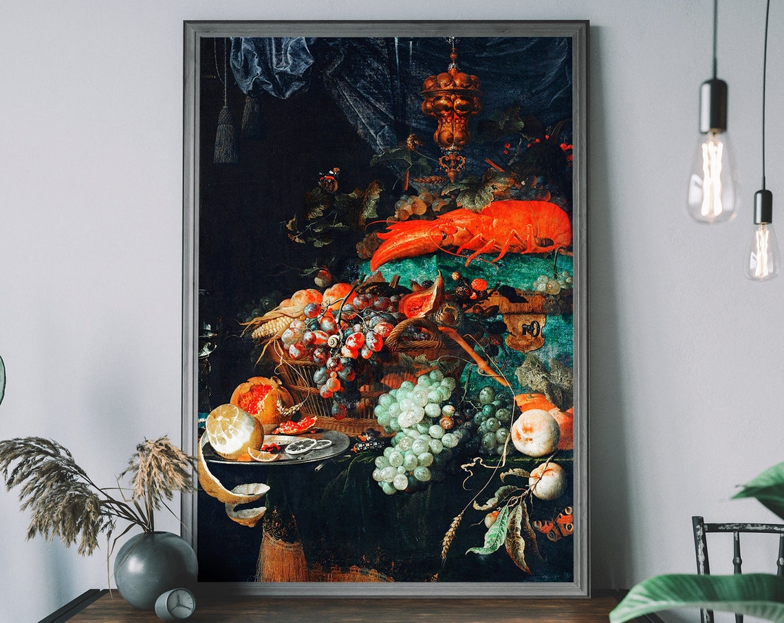 Old Master Fruit And Lobster Still Life Painting Dark Rich Poster