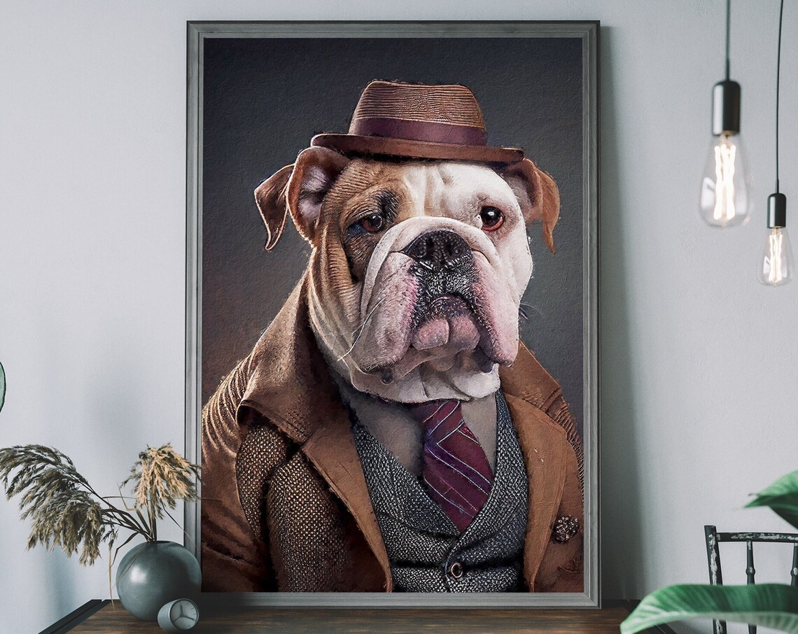 English Bulldog Portrait Dog In Clothes Art Print