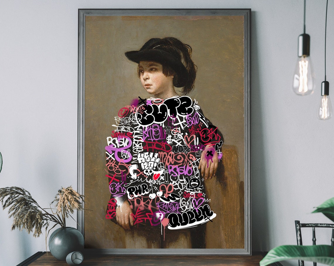 Classical Child Portrait Graffiti Overlay Bold Street Art Style Poster