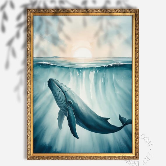 Whimsical Watercolor Whale Print Nautical Ocean Life Wall Art