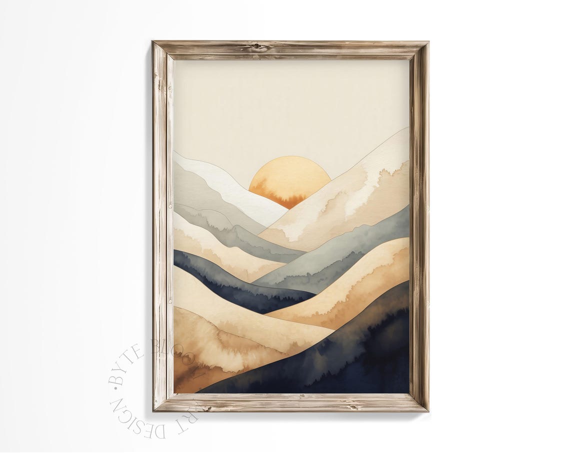 Minimalist Mountain Sunrise Watercolor Beige Boho Landscape Poster