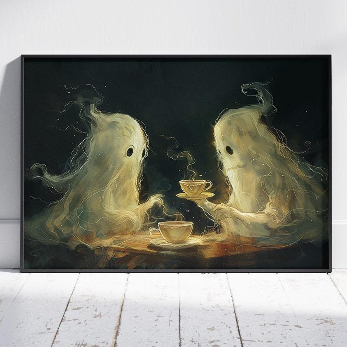 Two Cute Ghosts Sharing Tea Halloween Night Whimsical Spooky Poster