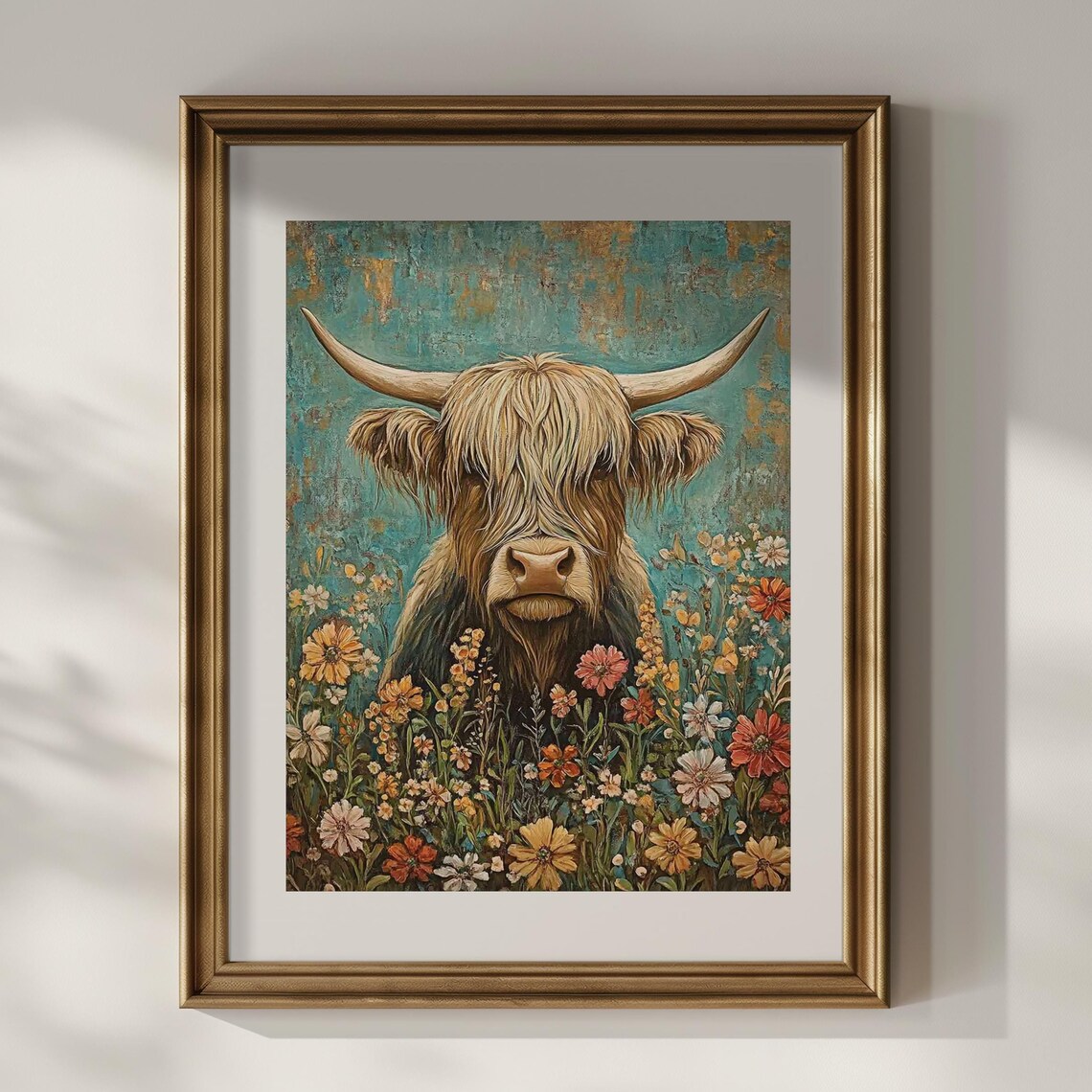 Highland Cow Wildflowers Poster Print Boho Style Vintage Wall Art Western Wall Decor Floral Oil Painting Farm Animal Gift Matte Poster