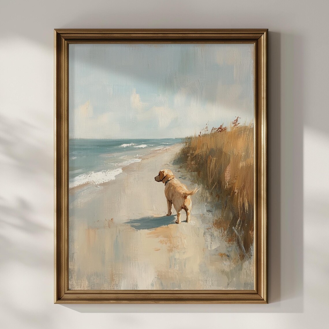 Golden Retriever Dog On Beach Dunes Coastal Watercolor Wall Art