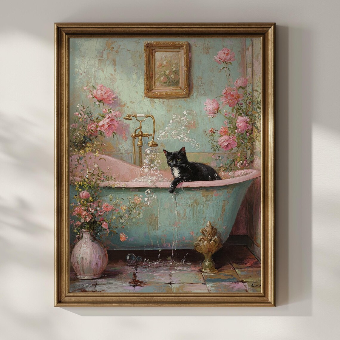 Cat Bathroom Wall Art, Vintage Black Cat in Bathtub