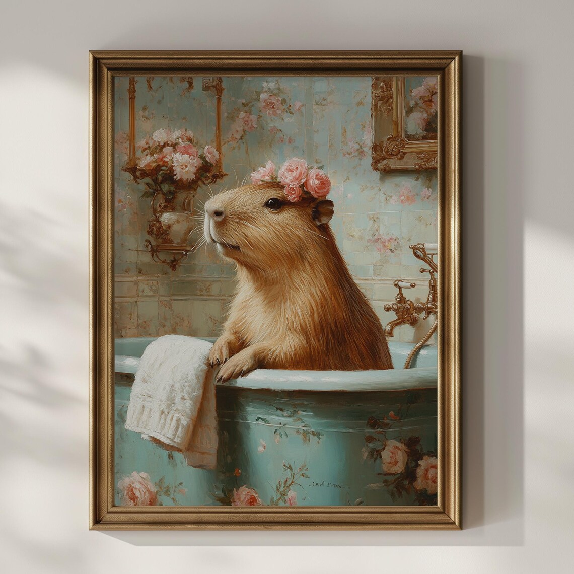 Capybara with Pink Rose Crown Relaxing in Vintage Bathtub Art Poster