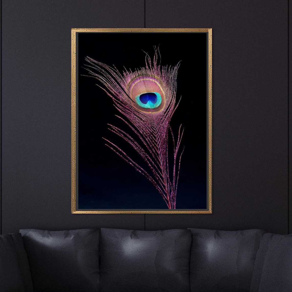 Purple Peacock Feather Black Background Elegant Animal Art Poster