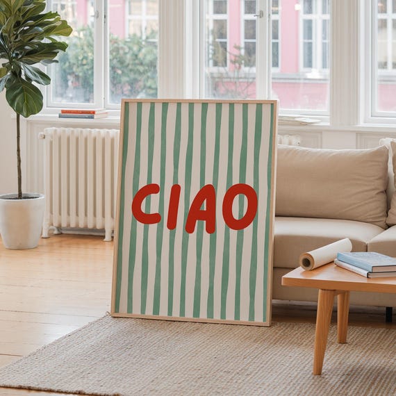 Ciao Striped Print Sage Green Wall Art Cute Preppy Poster Italian Saying Bella Vintage Retro Italy Travel Gallery Physical