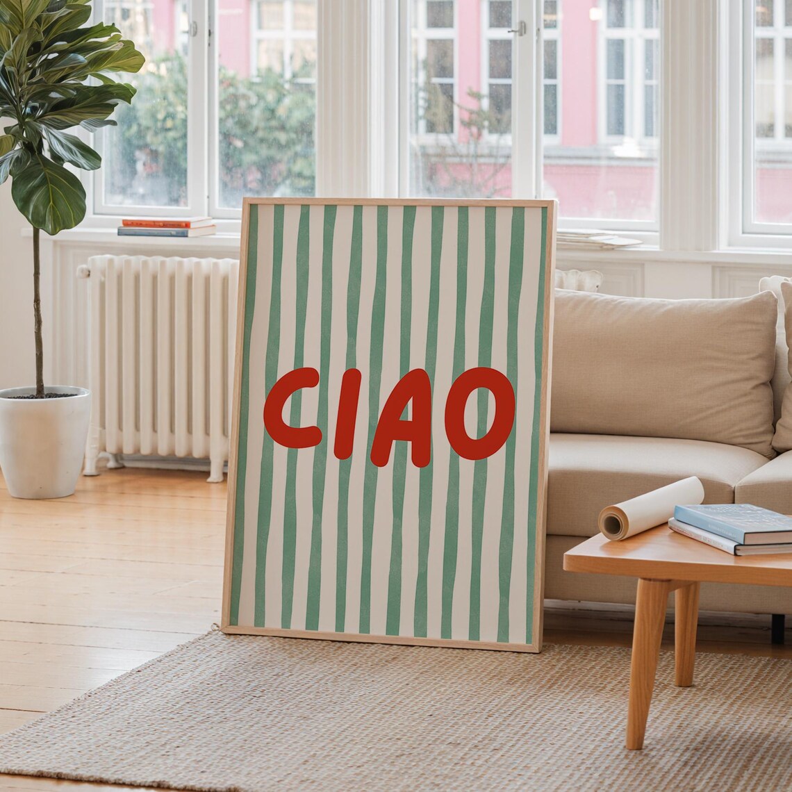 Ciao Italian Greeting Red Bold Lettering Sage Green Stripe Wall Poster