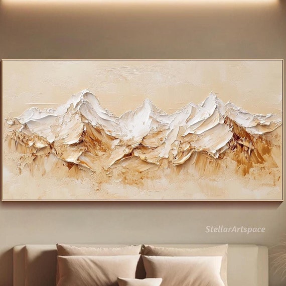 Original Mountain Painting On 3d Impasto Textured Wall Art Beige White Abstract Art Neutral Wall Art Modern Living Room Art