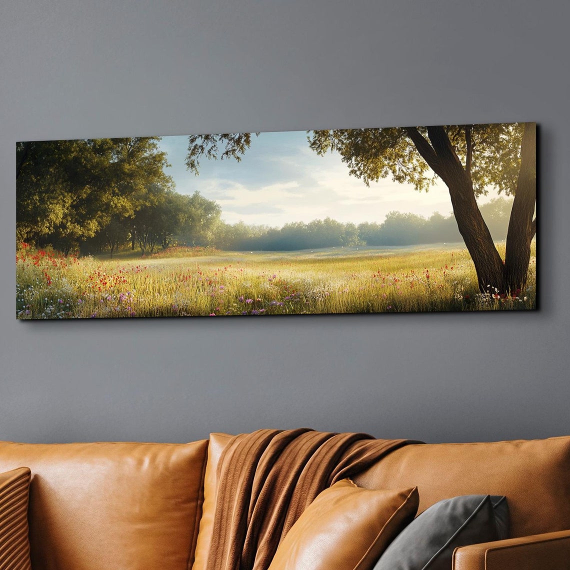 Golden Poppy Meadow Morning Trees Panoramic Landscape Poster