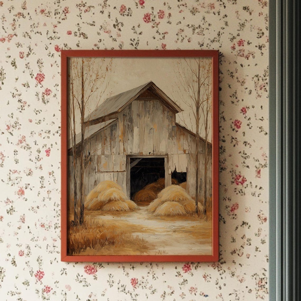 Rustic Weathered Barn With Haystacks Vintage Farmhouse Poster