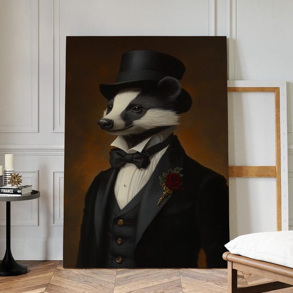 Distinguished Badger Portrait Canvas Victorian Animal Art In Tuxedo And Top Hat With Rose Regal Anthropomorphic Wall Decor