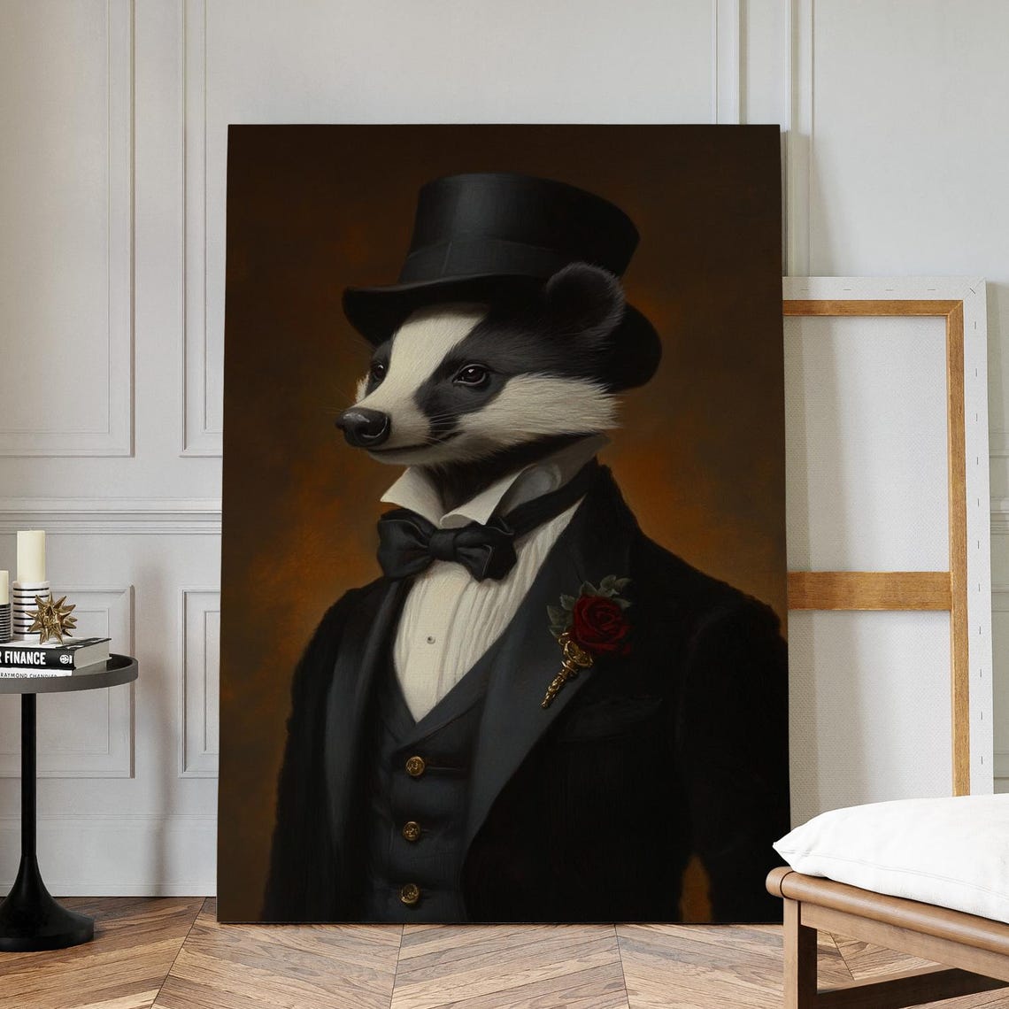 Distinguished Badger Portrait Canvas Victorian Animal Art In Tuxedo And Top Hat With Rose Regal Anthropomorphic Wall Decor