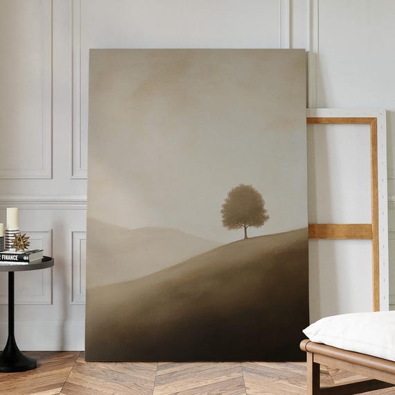 Minimalist Tree On Hill Canvas Art Neutral Sepia Landscape Wall Decor Serene Nature Scene For Modern Or Boho Home