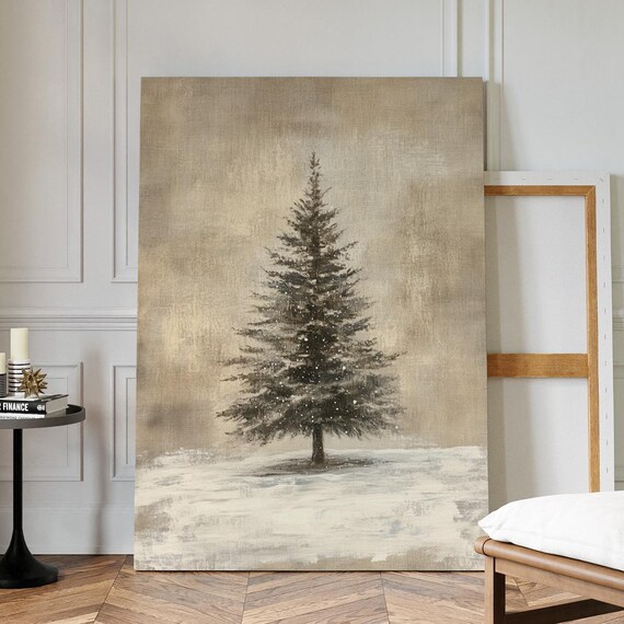 Snowy Evergreen Tree Neutral Winter Minimalist Christmas Art Poster