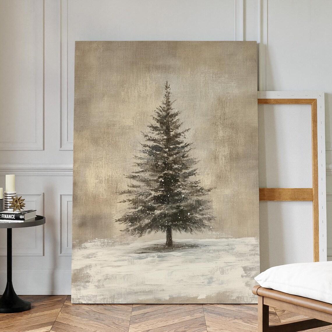 Snowy Evergreen Tree Neutral Winter Minimalist Christmas Art Poster
