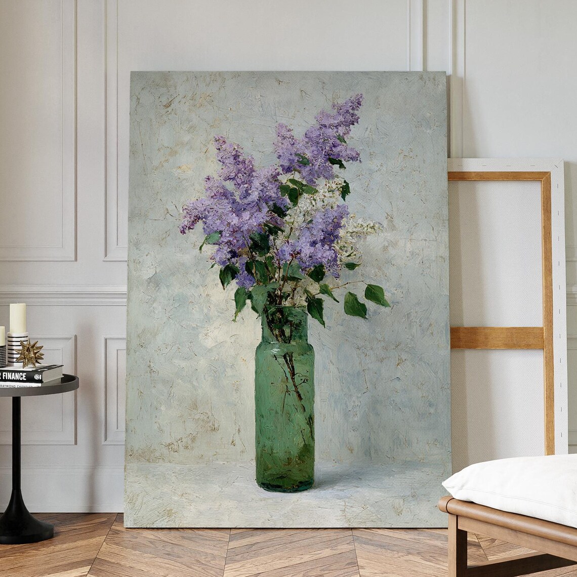 Vintage Oil Painting Of Lilacs In Green Glass Vase Elegant Botanical Wall Art With Purple Flowers And Textured Background Canvas