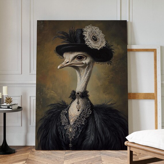 Elegant Ostrich In Black Hat With Lace And Jewels Portrait Wall Art