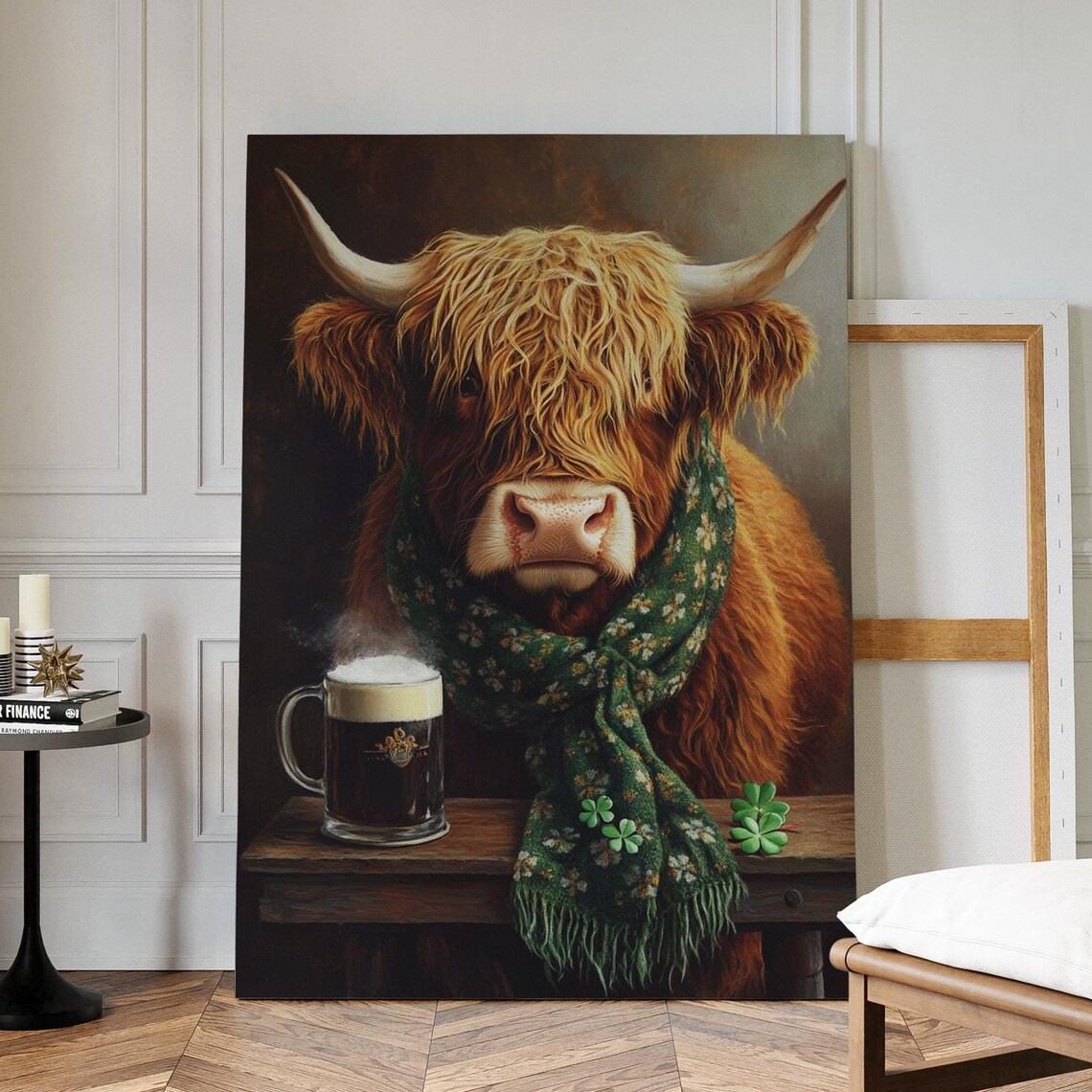 Rustic Highland Cow With Irish Charm Beer Mug and Clover Poster