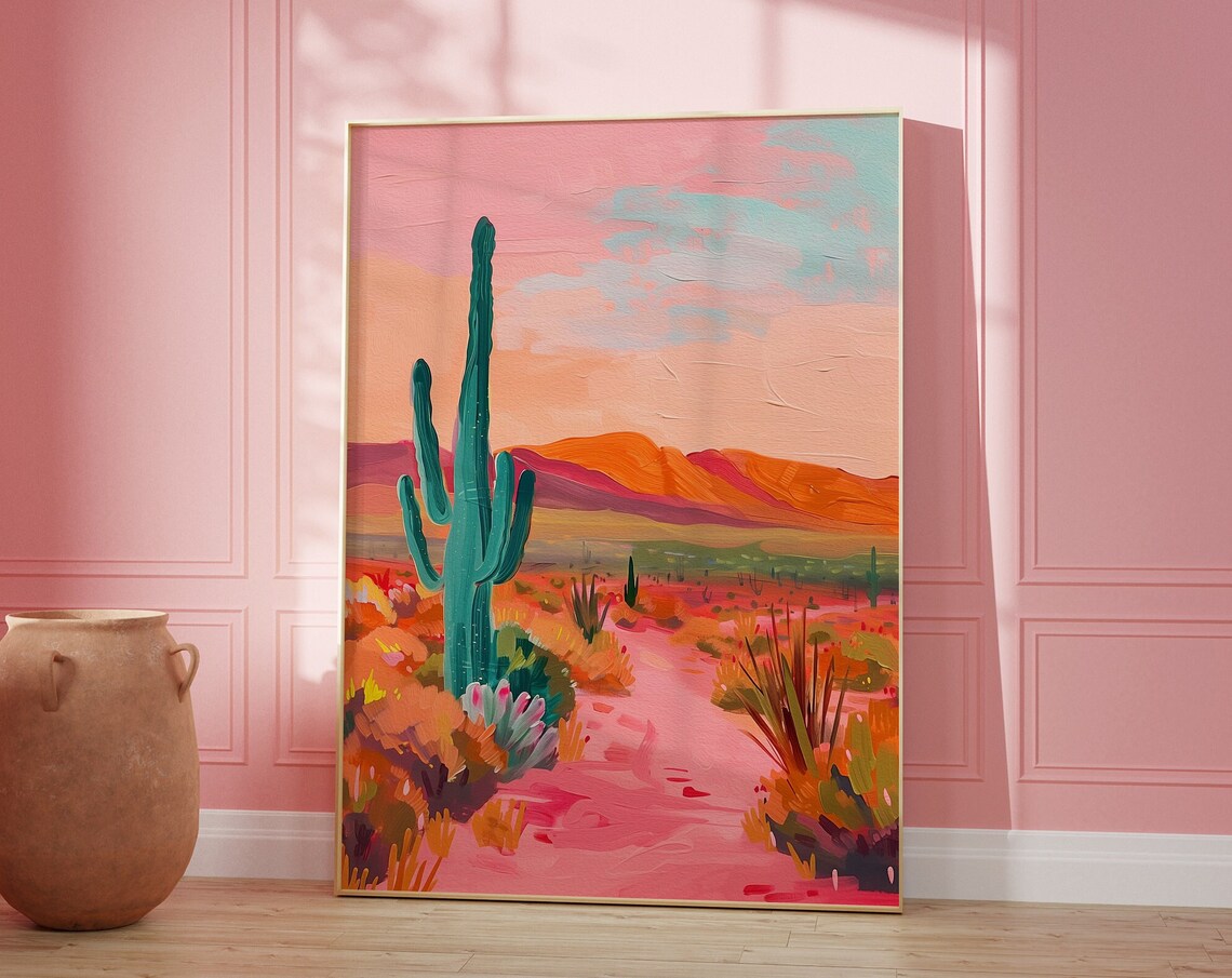 Vibrant Desert Trail with Saguaro Cactus at Pink Sunset Poster
