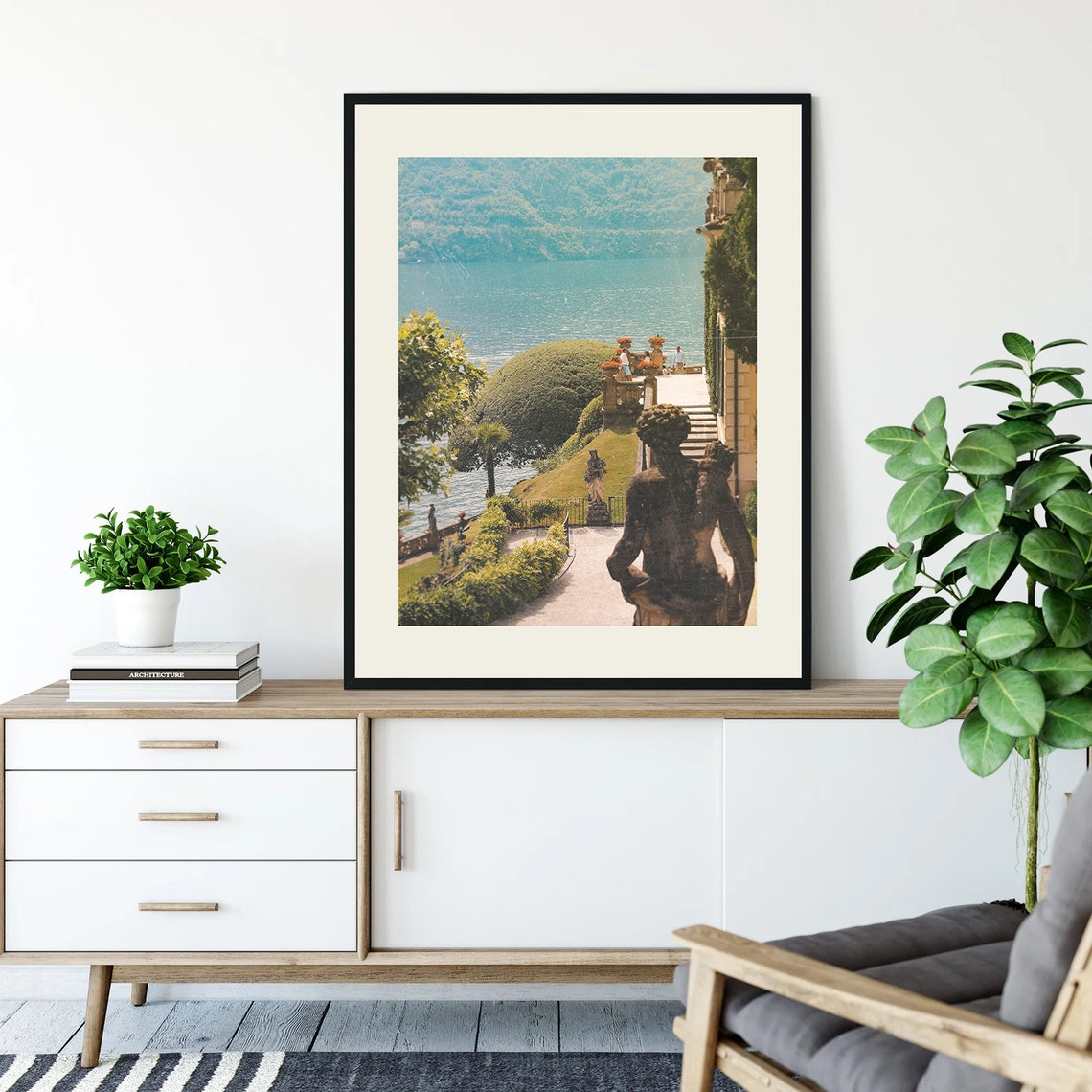 Lakeside Villa Terrace with Classical Statues Garden View Poster - Image 3