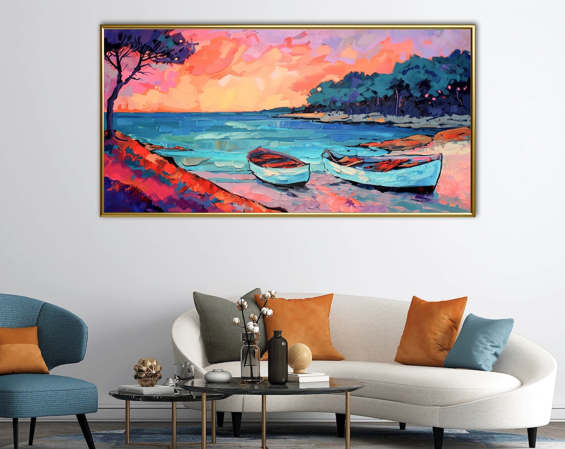 Sunset Boats Colorful Shore Fauvist Pink Sky Vibrant Coastal Poster